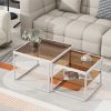 ON-TREND Modern Nested Coffee Table Set with High-low Combination Design, Brown Tempered Glass Cocktail Table with Metal Frame, Length Adjustable 2-Ti