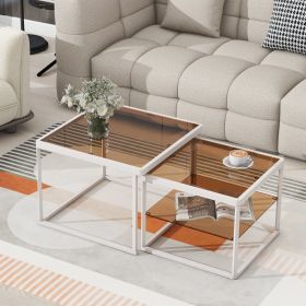 ON-TREND Modern Nested Coffee Table Set with High-low Combination Design, Brown Tempered Glass Cocktail Table with Metal Frame, Length Adjustable 2-Ti