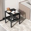 2-piece Black Tempered Gass End Table Set, Sofa table with 2-layer Storage Shelf