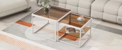 ON-TREND Modern Nested Coffee Table Set with High-low Combination Design, Brown Tempered Glass Cocktail Table with Metal Frame, Length Adjustable 2-Ti