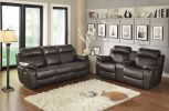 Double Glider Reclining Love Seat with Center Console Brown Faux Leather Upholstered Contemporary Living Room Furniture