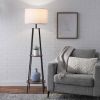 Etagere 62" Matte Black Mid-Century Style Floor Lamp, with 2 Wood Shelves